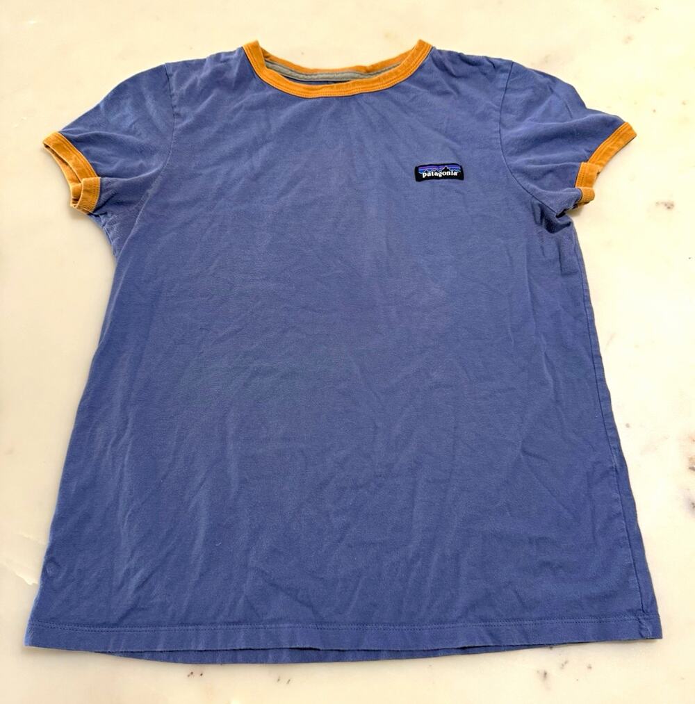 Patagonia Men’s S Blue Orange Cotton Ringer Short Sleeve Crew Neck Logo T-Shirt